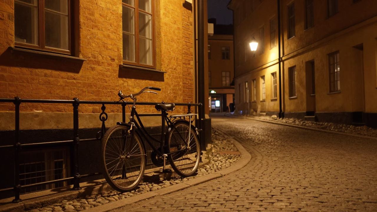 Nighttime Stockholm street scene with vintage 1960s details and local urban elements in in Stockholm, Sweden