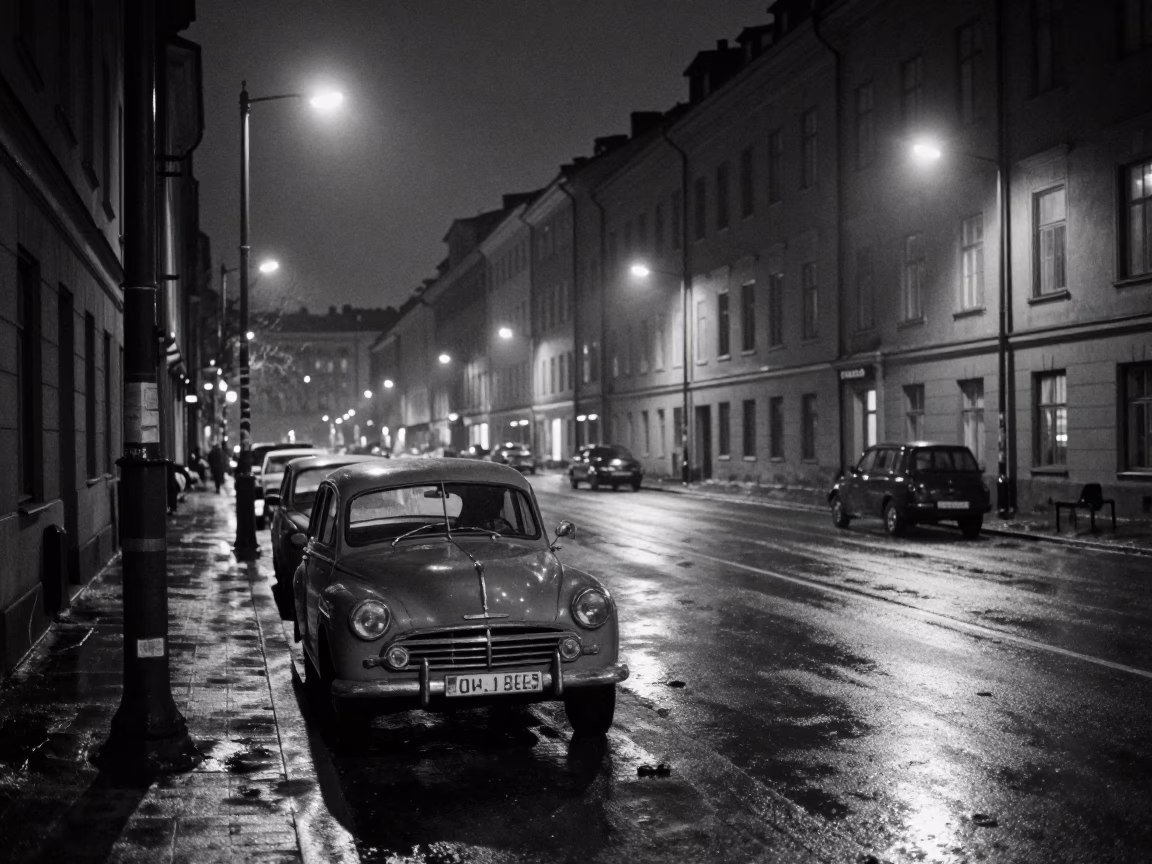 Nighttime Stockholm Street Scene with Vintage Car and Distant City Lights in in Stockholm, Sweden