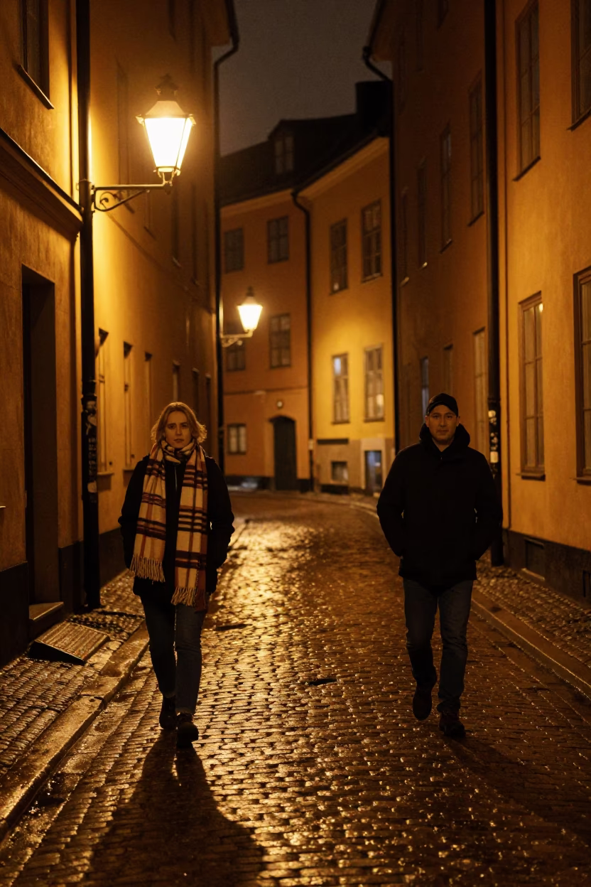 Nighttime Stockholm Street Scene with Vintage Scarf and Urban Reflections in in Stockholm, Sweden