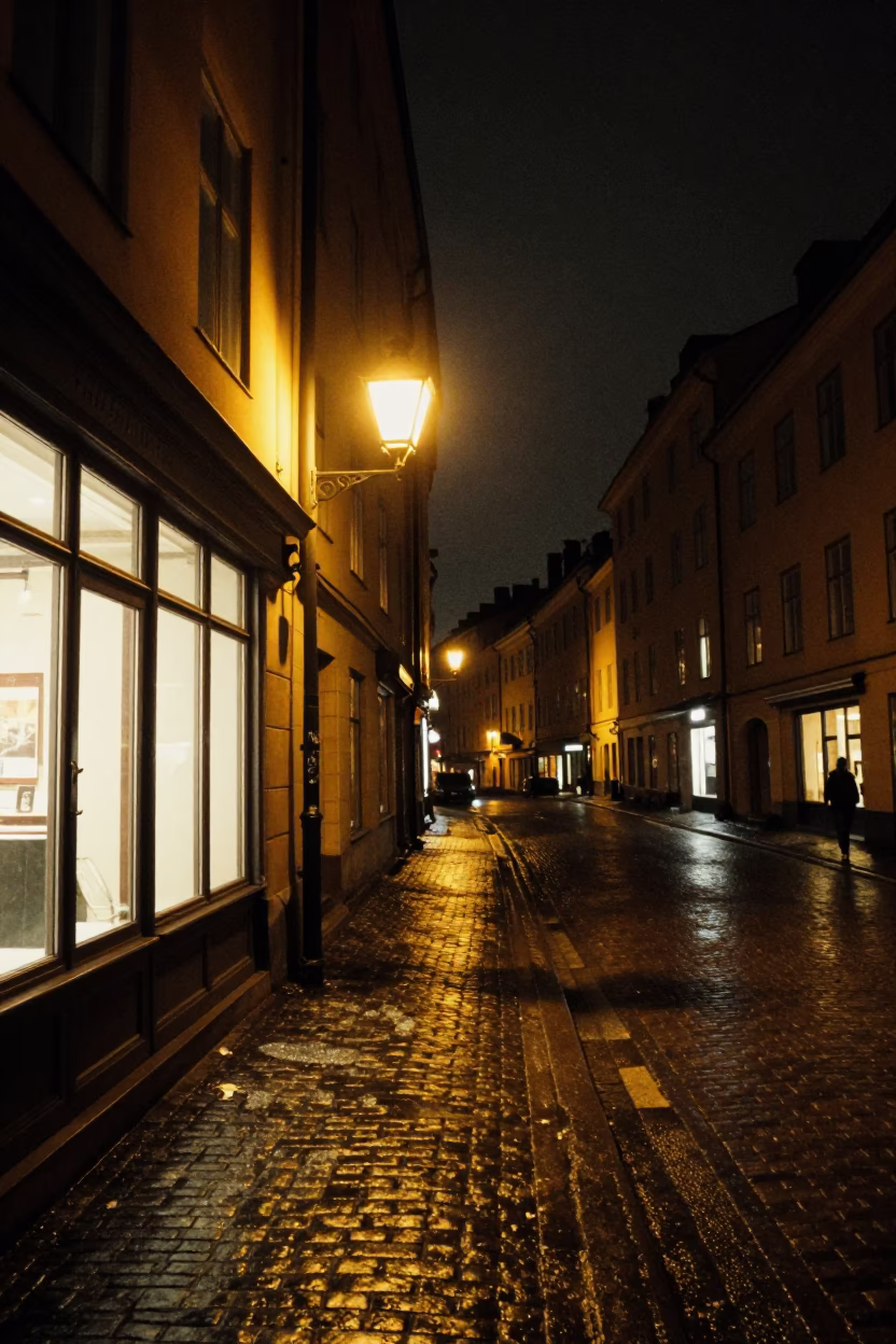 Nighttime Stockholm street scene with vintage storefront and urban reflections in in Stockholm, Sweden