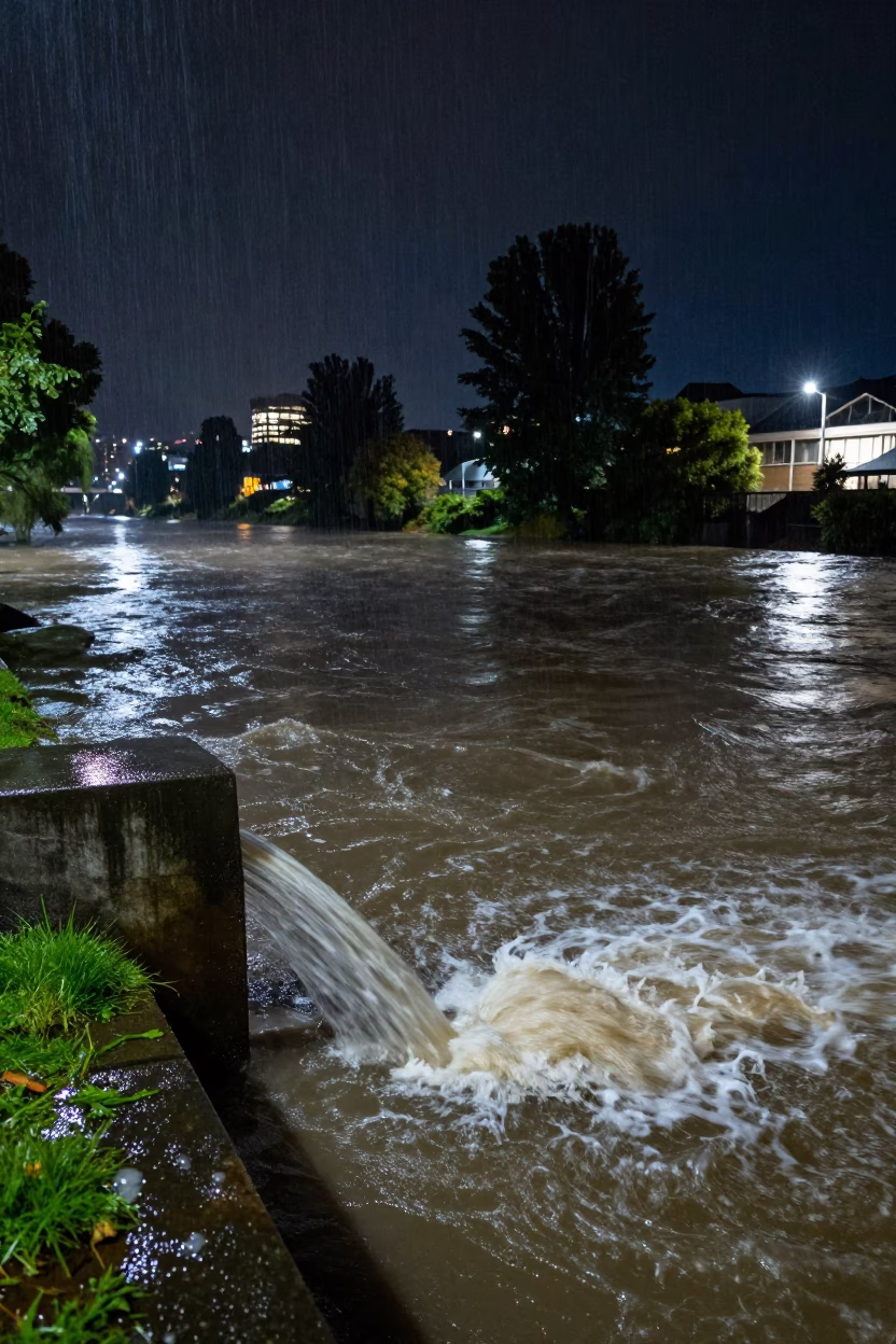 Nighttime Storm Drain Outfall Pouring Into Swollen River Christchurch New Zealand in in Christchurch, New Zealand