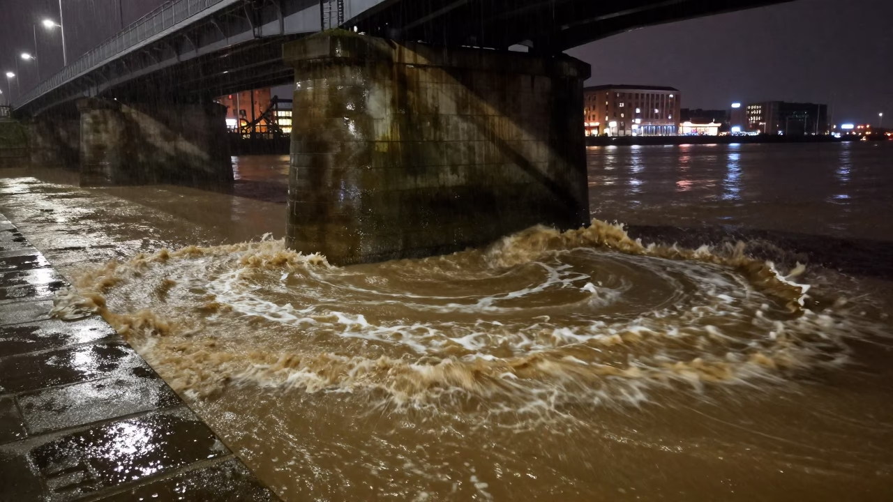 Nighttime Storm Drain Overflow Near Albert Dock Liverpool Muddy River Water in in Liverpool, United Kingdom