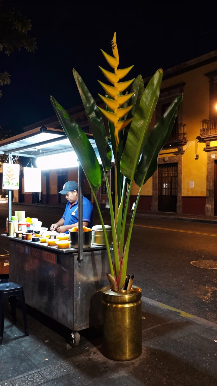 Nighttime Street Corner in Mexico City with Heliconia and Brass Details in in Mexico City, Mexico