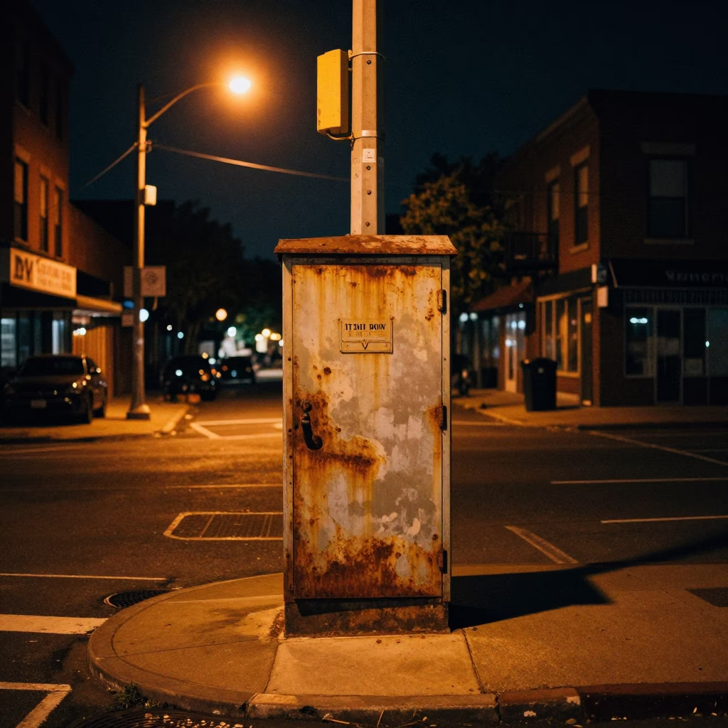 Nighttime Street Corner in Philadelphia Pennsylvania with Rusting Cabinet Door and Wrench in in Philadelphia, Pennsylvania, United States