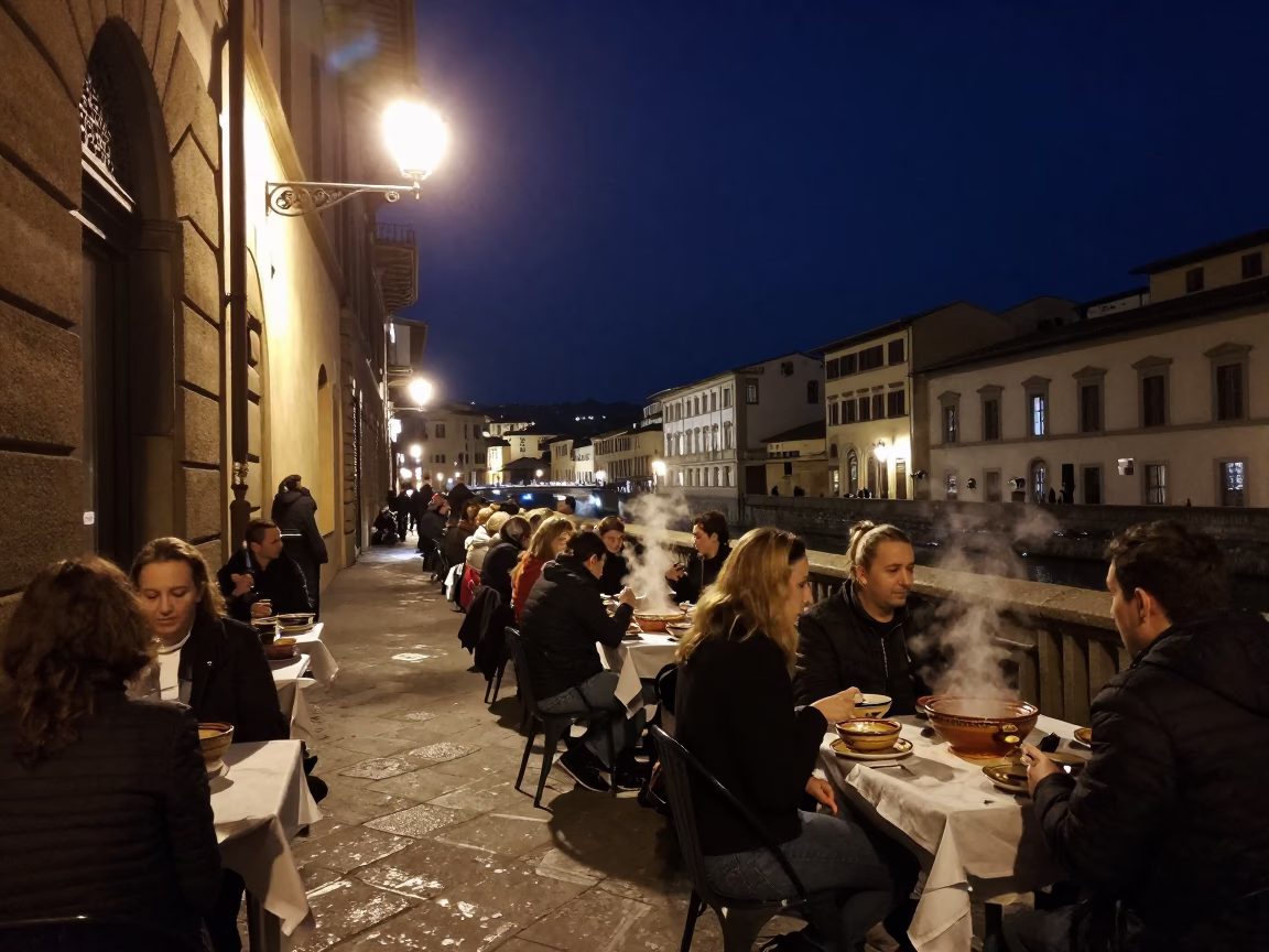 Nighttime street dining in Florence Italy with ceramic bowls and steam under deep sky in in Florence, Italy