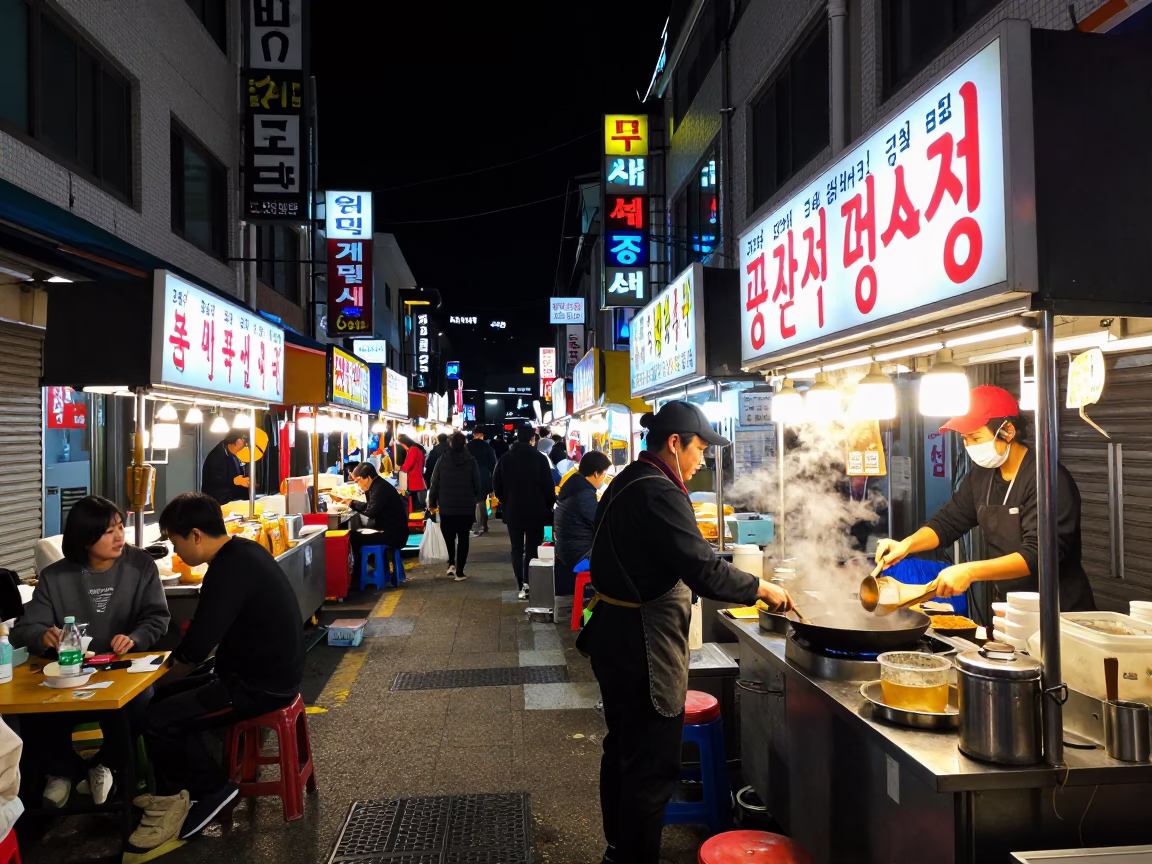 Nighttime Street Food Scene in Busan South Korea with Colorful Neon and Local Dining in in Busan, South Korea