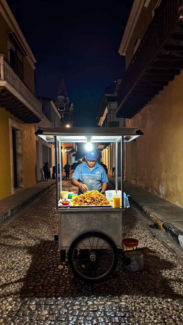 Nighttime Street Food Scene in Cartagena Colombia with Gallo Pinto and Bougainvillea in in Cartagena, Colombia