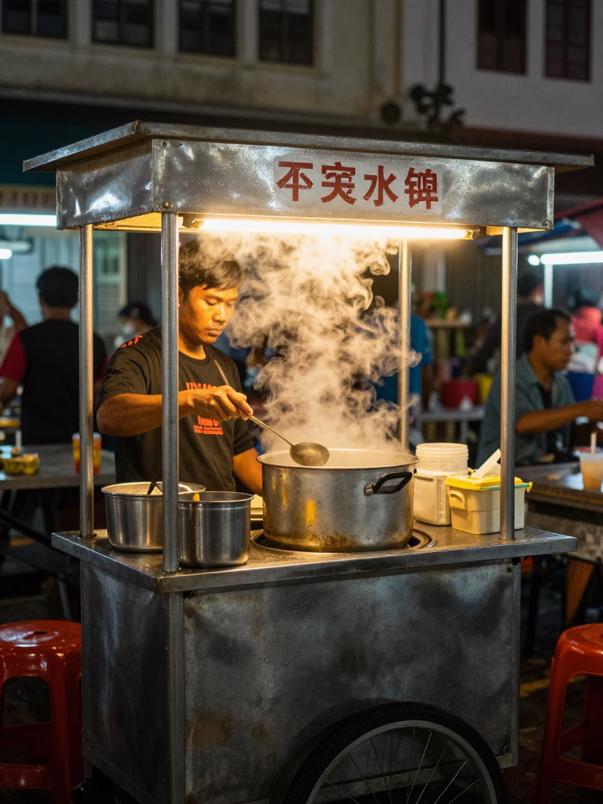 Nighttime street food scene in George Town Penang Malaysia with condensation on kettle in in George Town, Malaysia