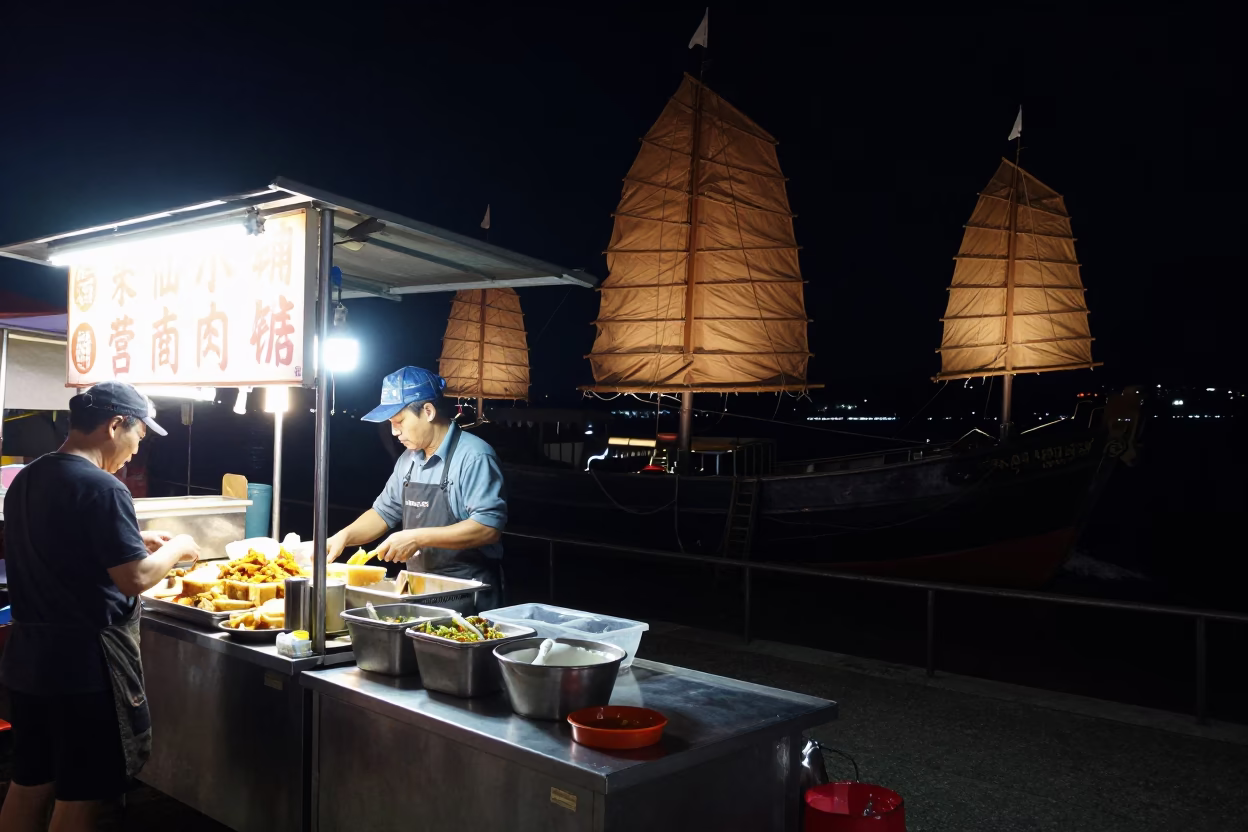 Nighttime Street Food Scene in Kaohsiung with Chinese Junk Boat and Salt Shaker in in Kaohsiung, Taiwan