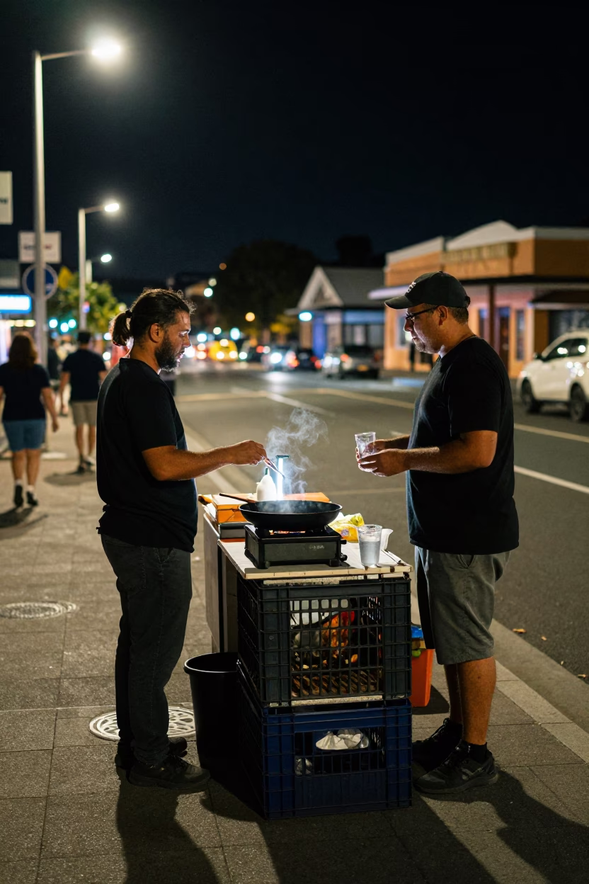 Nighttime Street Food Scene in Perth Western Australia with Skillet and Glass Runner in in Perth, Western Australia, Australia