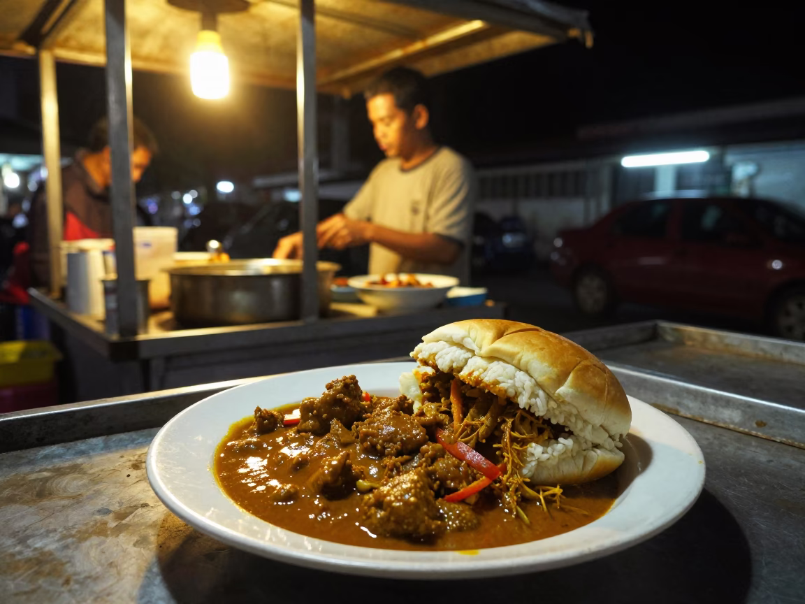 Nighttime Street Food Scene in Surabaya Indonesia with Bunny Chow Curry Plate in in Surabaya, Indonesia