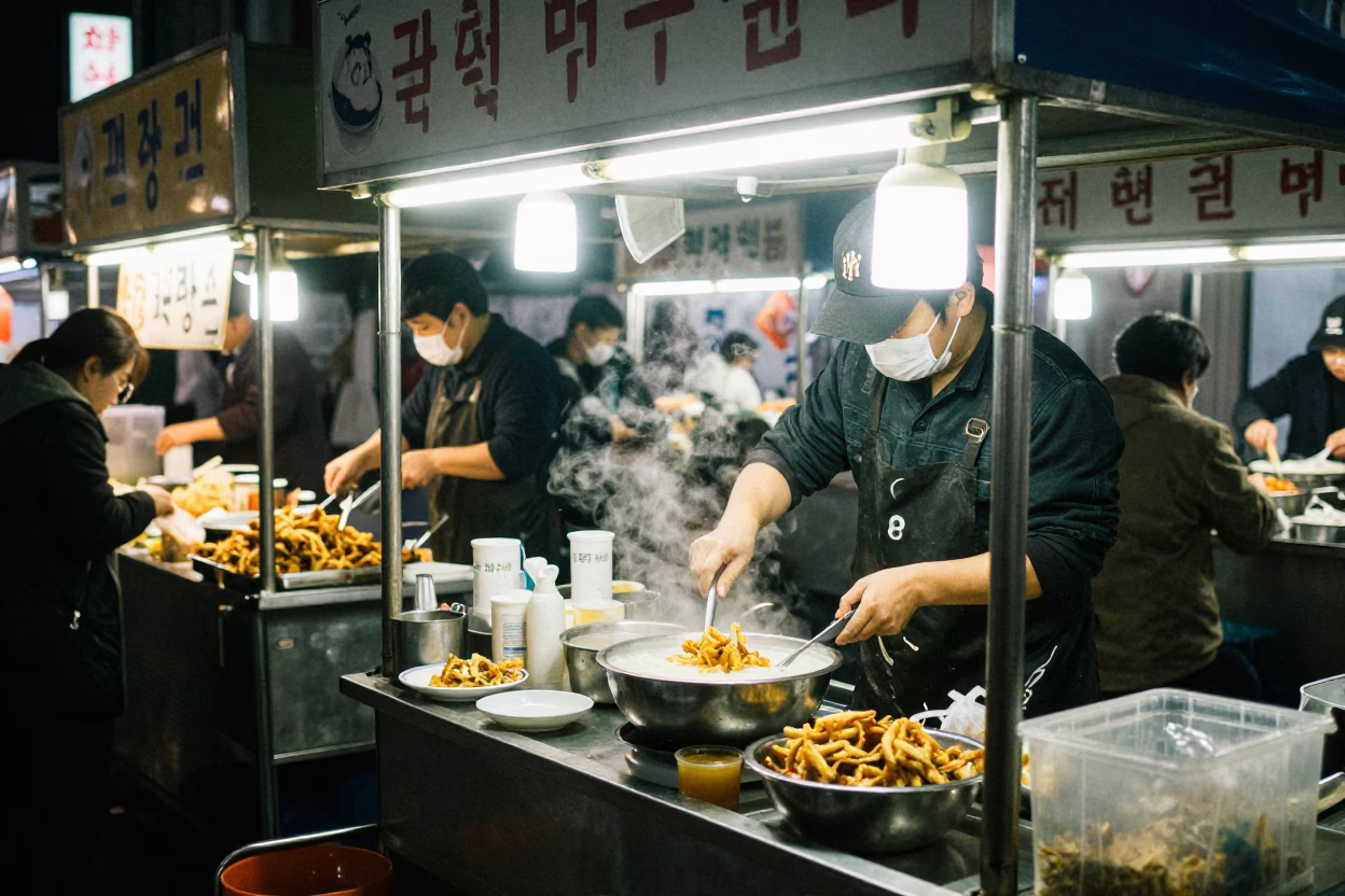 Nighttime Street Food Stall in Busan Serving Congee with Crispy Shallots in in Busan, South Korea