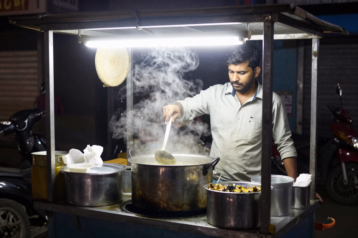 Nighttime Street Food Stall in Delhi India with Serving Spoon and Clay Bowl in in Delhi, India