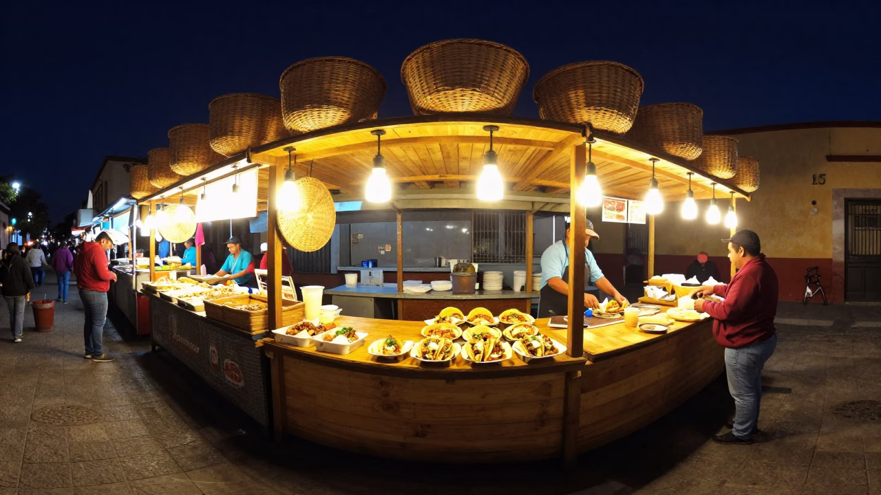 Nighttime Street Food Stall in Guadalajara Mexico with Woven Baskets and Warm Lighting in in Guadalajara, Mexico