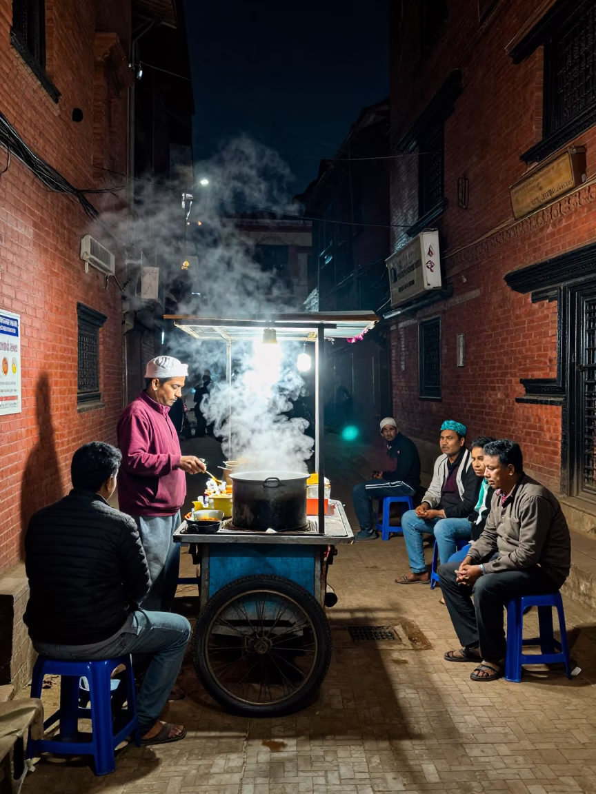 Nighttime Street Food Stall in Kathmandu Nepal with Local Patrons and Wonton Soup in in Kathmandu, Nepal