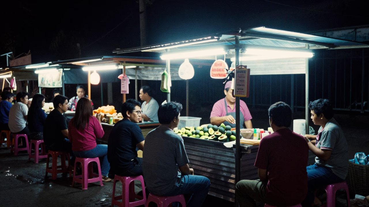Nighttime Street Food Stall in Yogyakarta Indonesia with Avocados and Local Dining in in Yogyakarta, Indonesia