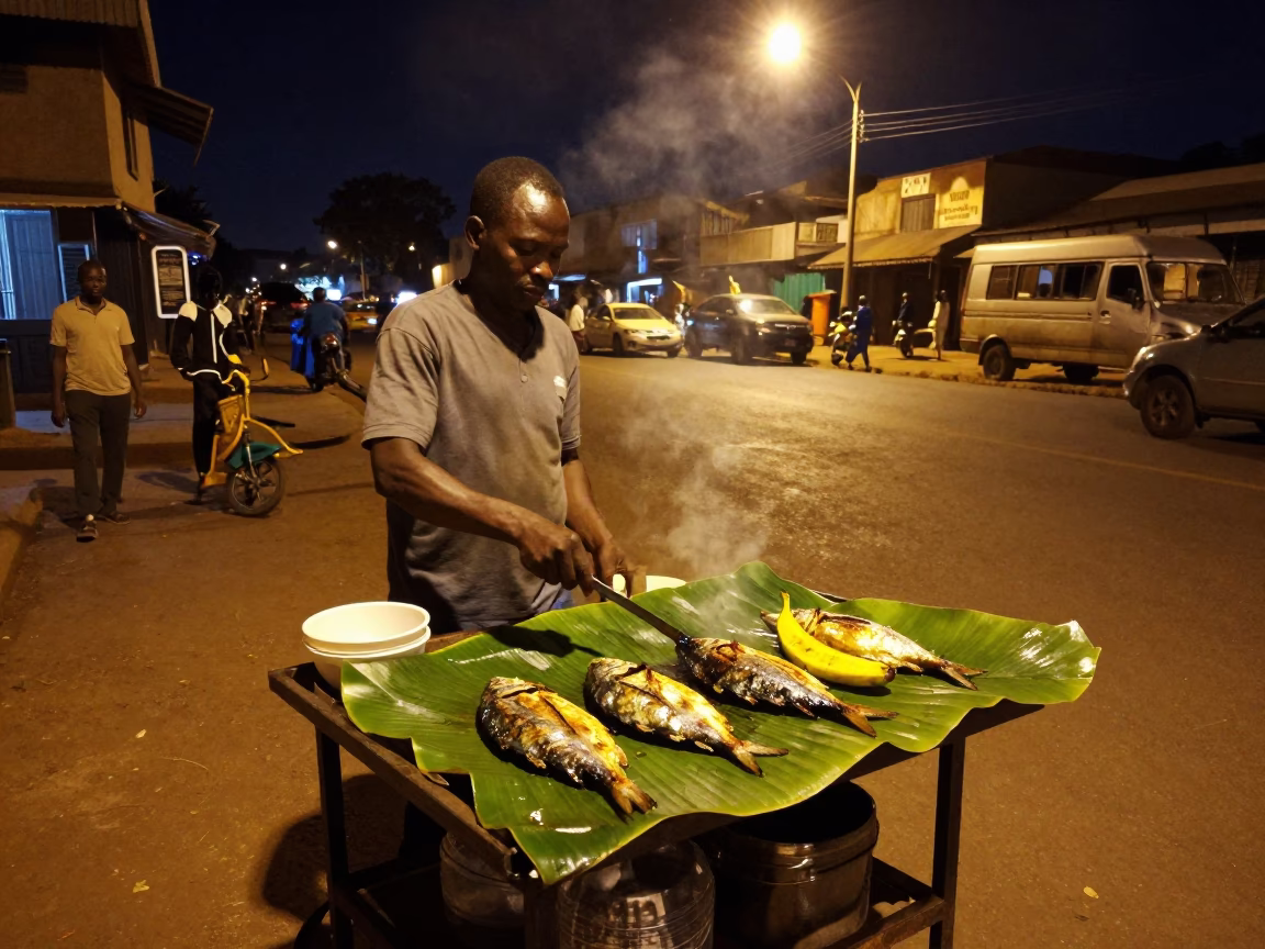 Nighttime Street Food Vendor Grilling Fish on Banana Leaf in Nairobi Kenya in in Nairobi, Kenya