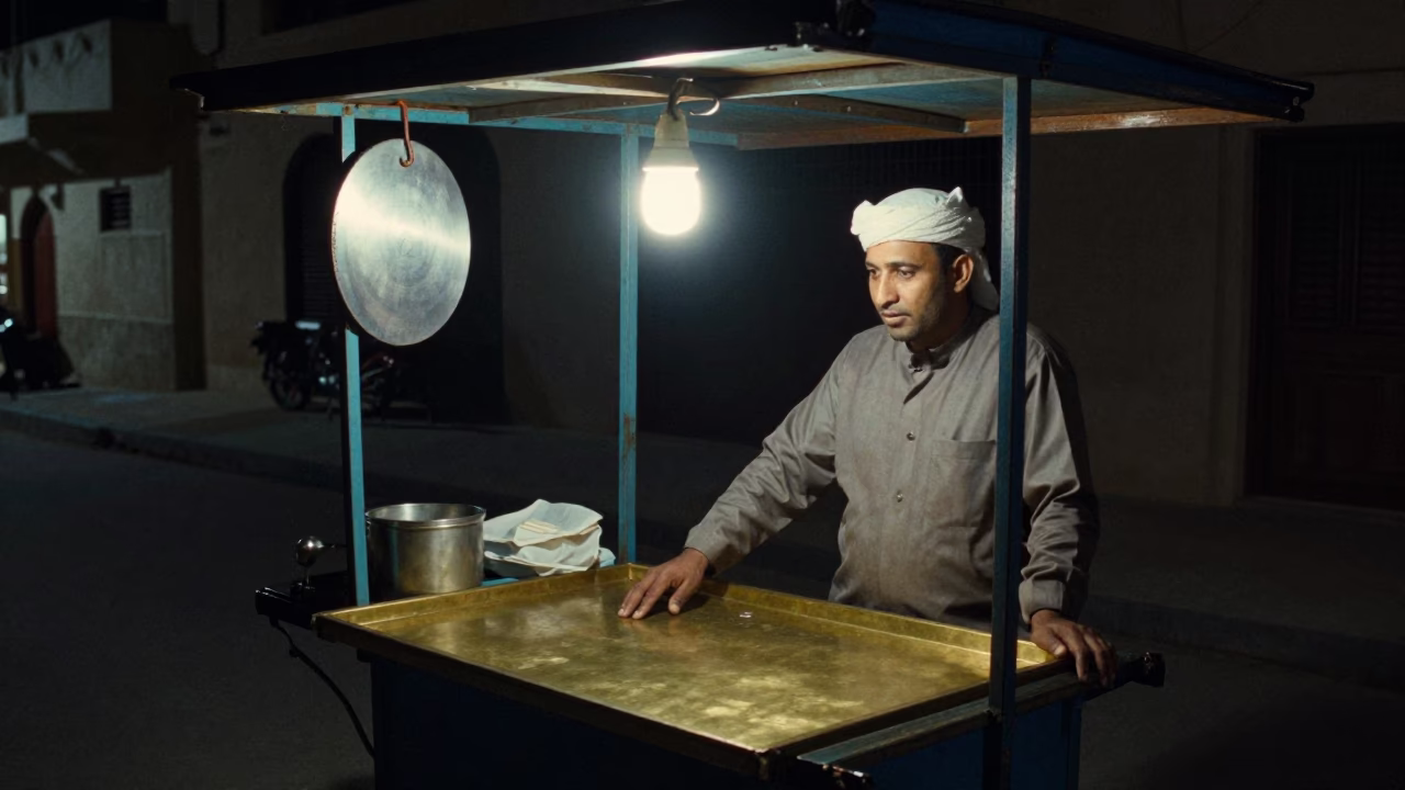 Nighttime Street Food Vendor in Muscat Oman with Brass Tabletop and Steel Hooks in in Muscat, Oman