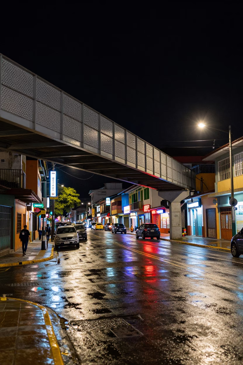 Nighttime Street Life in Medellin Colombia with Perforated Metal Overpass and Wet Footsteps in in Medellin, Colombia