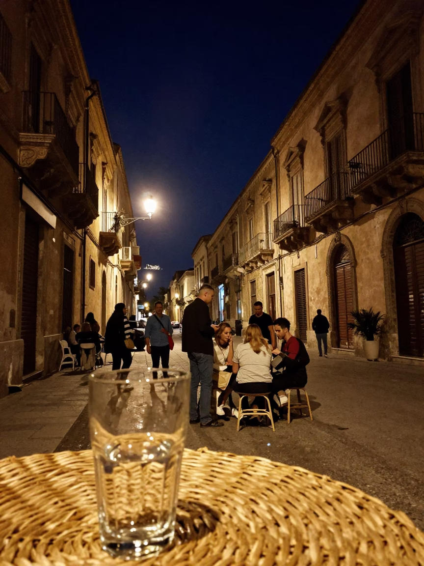 Nighttime Street Life in Palermo Italy with Glass Tumbler and Wicker Shadow in in Palermo, Italy