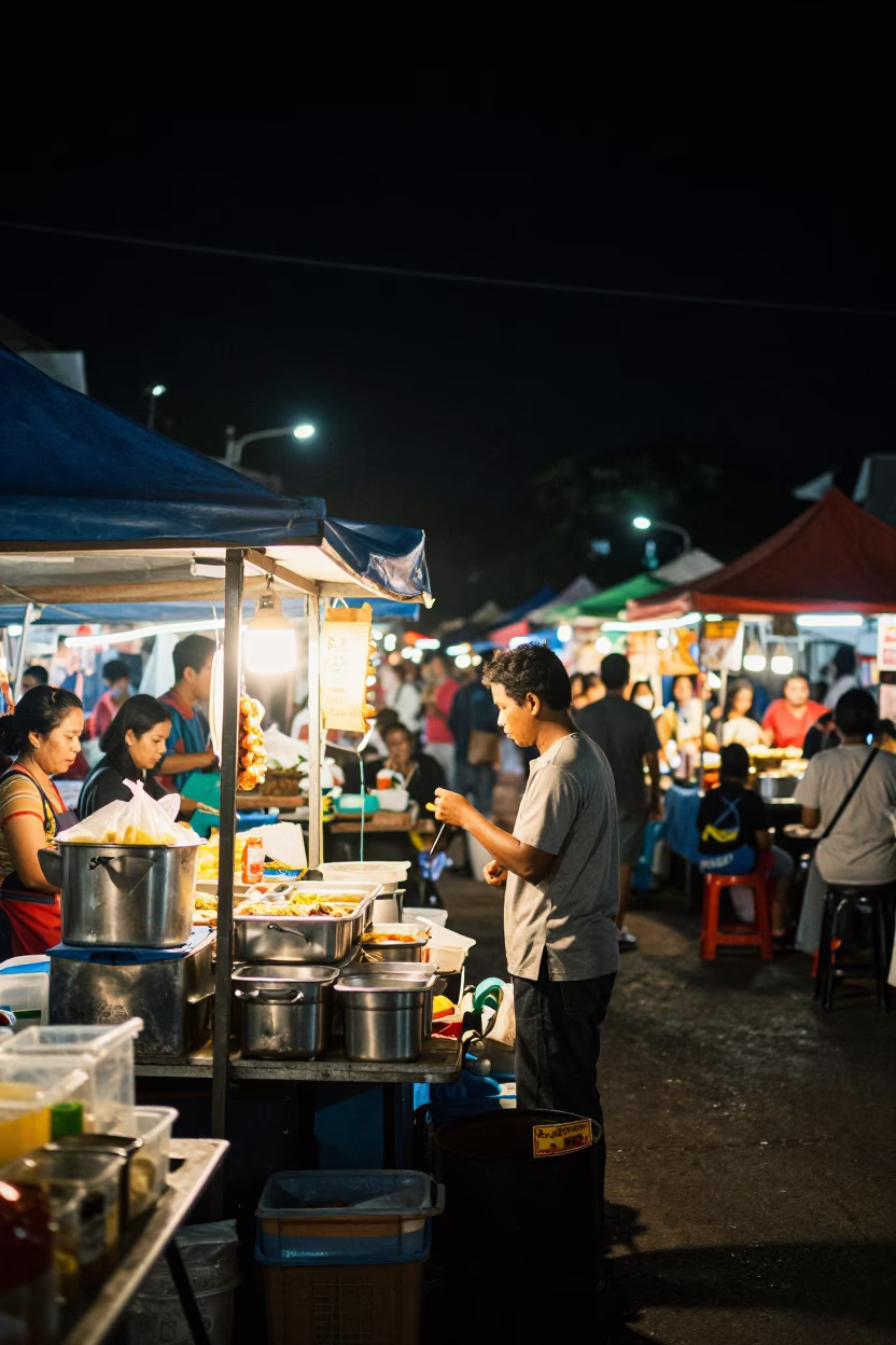 Nighttime Street Market in Denpasar Indonesia with Street Food and Local Activity in in Denpasar, Indonesia