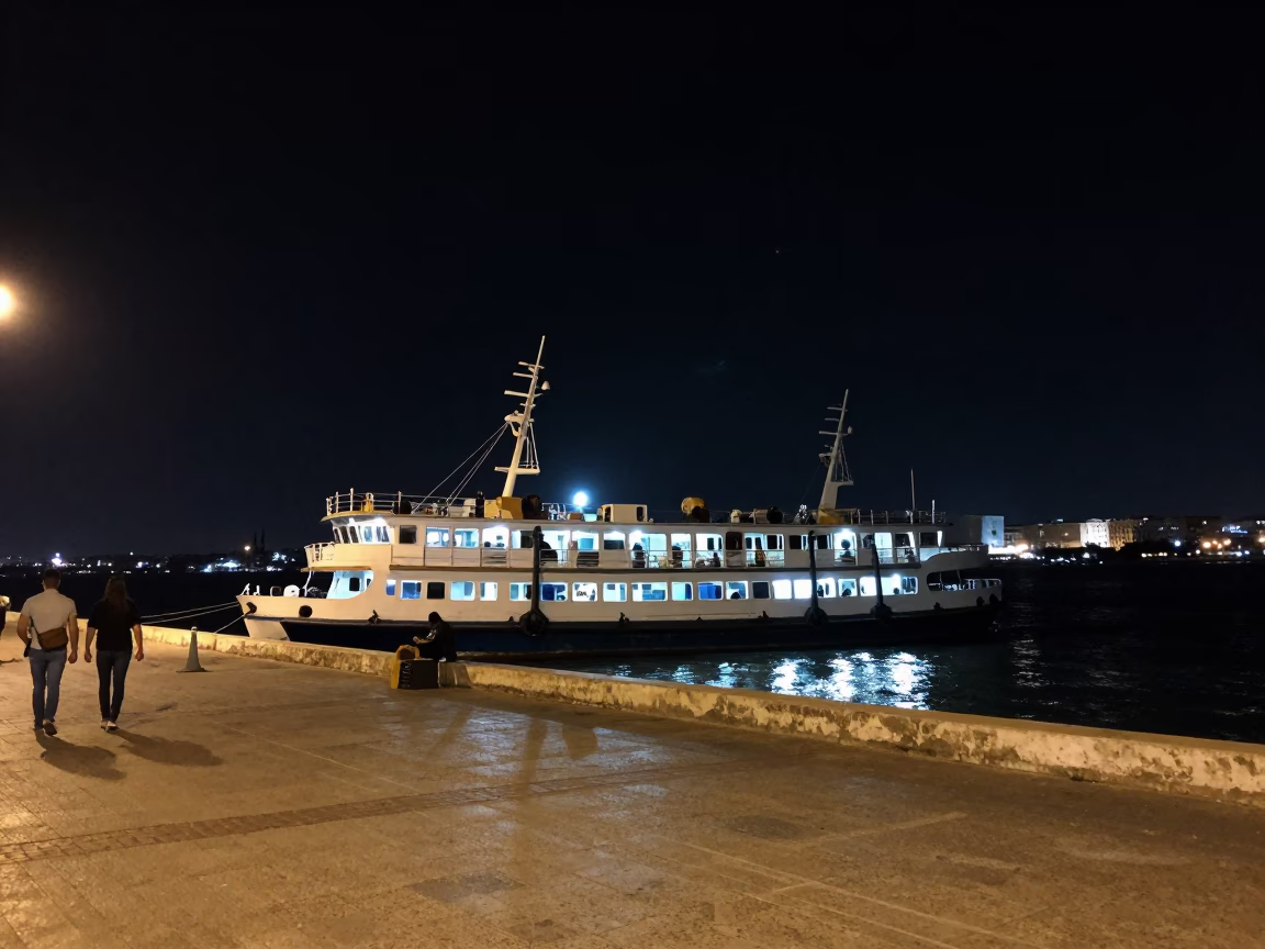 Nighttime Street Photography in Alexandria Egypt with Chain Ferry and Urban Details in in Alexandria, Egypt