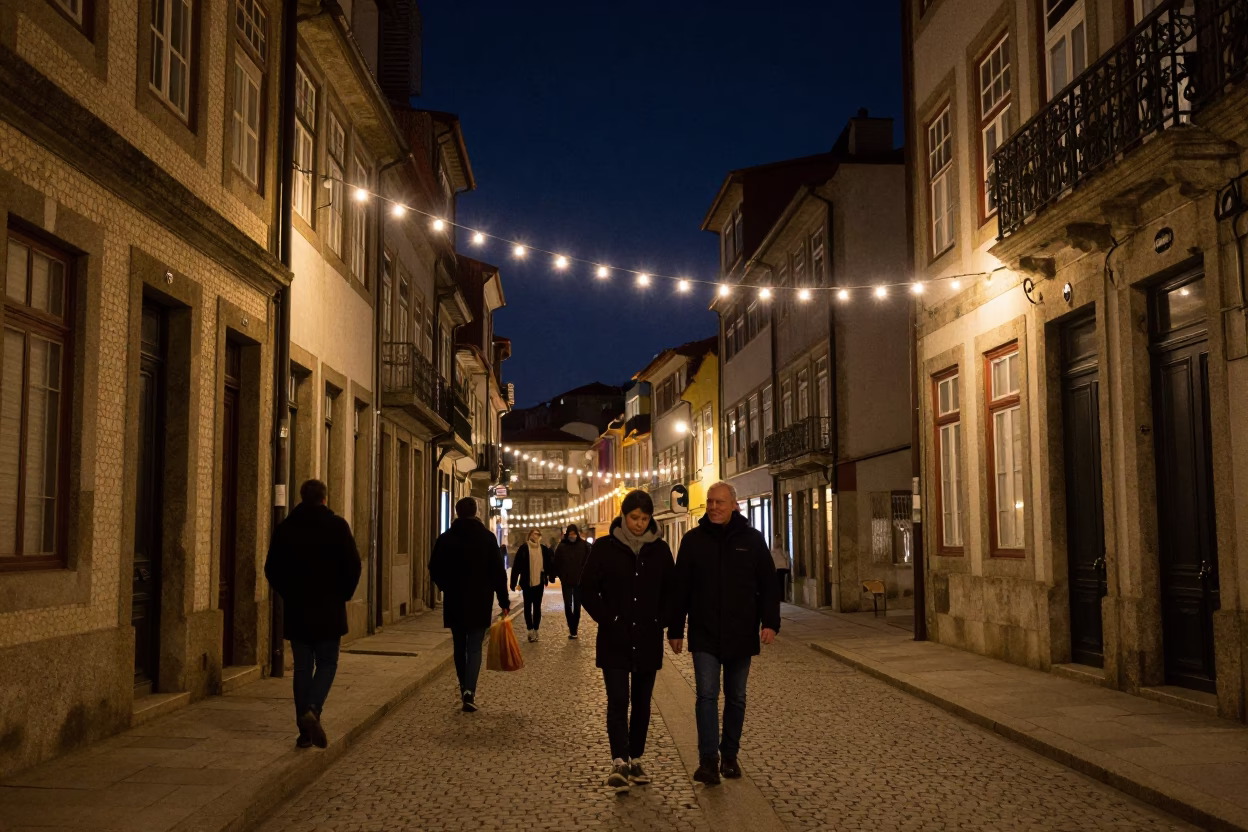 Nighttime Street Photography in Porto Portugal with String Lights and Vintage Chair in in Porto, Portugal