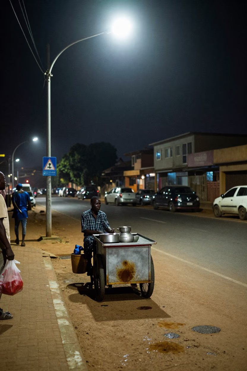 Nighttime Street Scene in Accra Ghana with Tea Stains and Metro Train in in Accra, Ghana