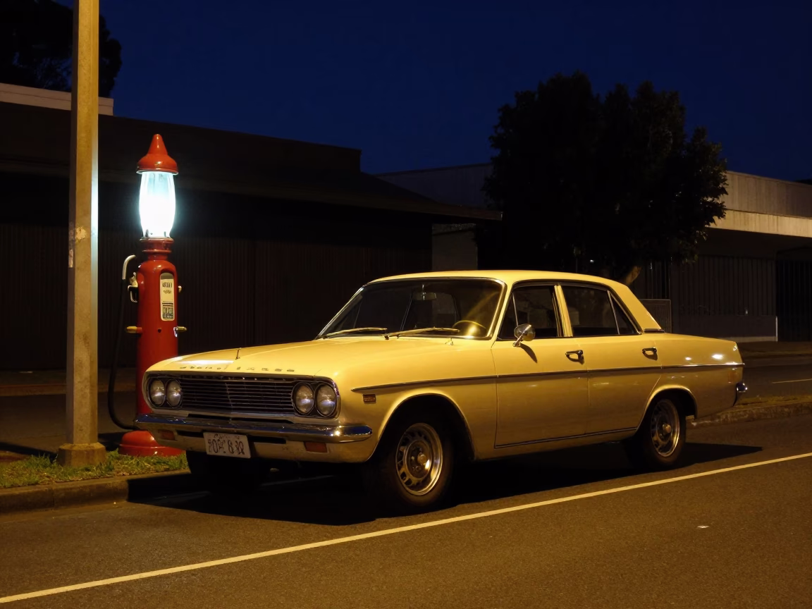 Nighttime Street Scene in Adelaide South Australia with Vintage Car and Gas Street Lamp in in Adelaide, South Australia, Australia