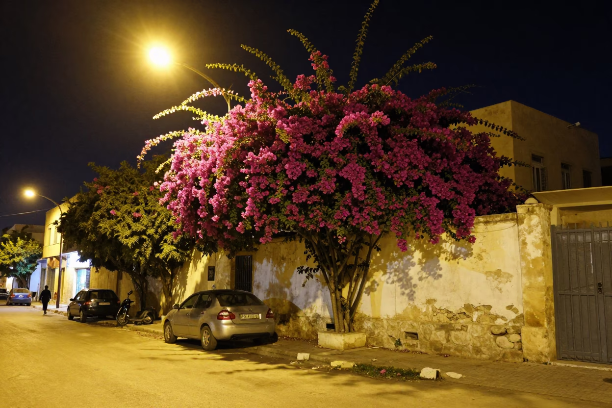 Nighttime Street Scene in Alexandria Egypt with Bougainvillea and Local Life in in Alexandria, Egypt