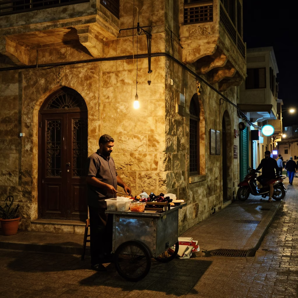Nighttime Street Scene in Alexandria Egypt with Local Vendor and Lantern Light in in Alexandria, Egypt