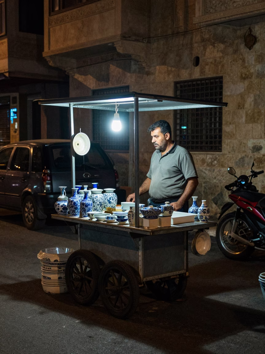 Nighttime Street Scene in Alexandria Egypt with Local Vendor and Porcelain Jars in in Alexandria, Egypt