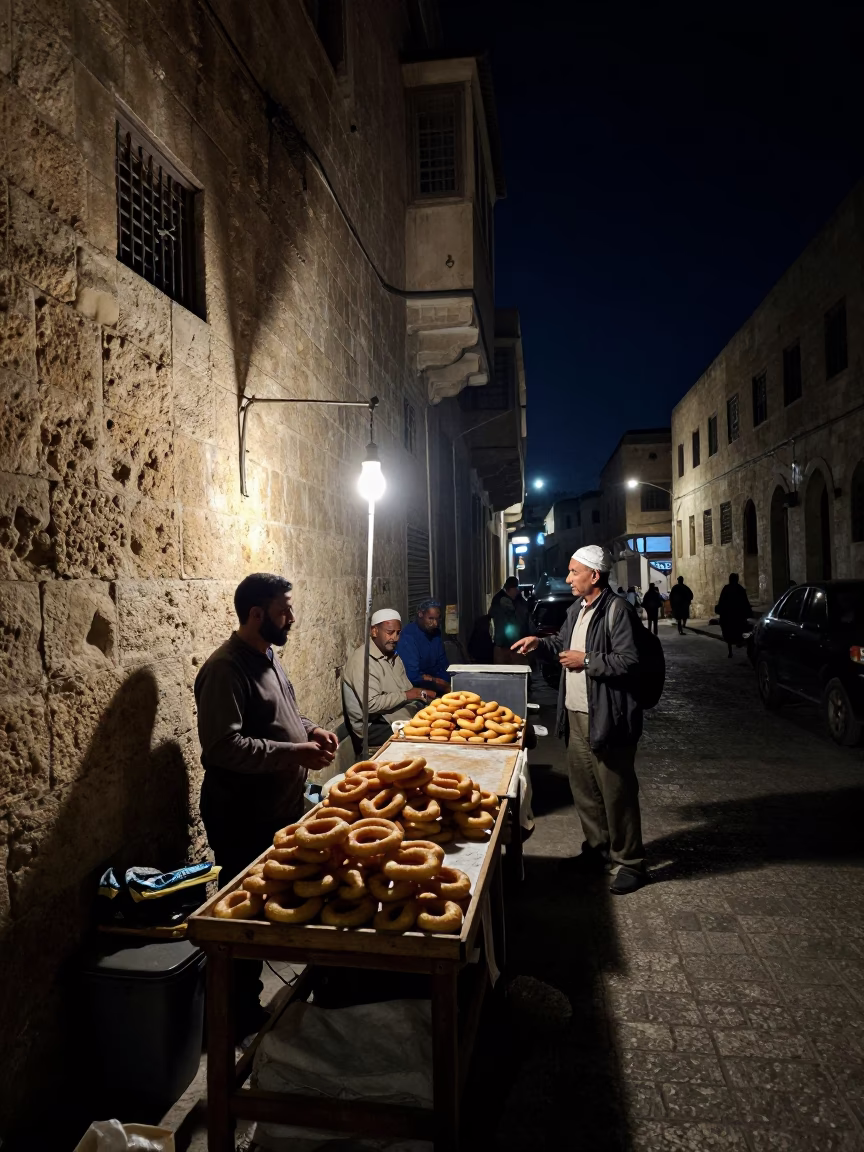 Nighttime Street Scene in Alexandria Egypt with Mandazi and Local Interaction in in Alexandria, Egypt