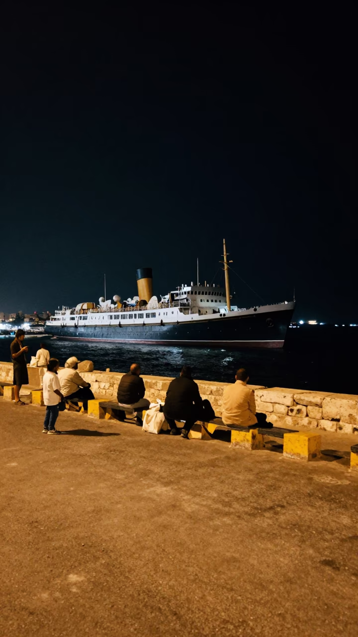 Nighttime Street Scene in Alexandria Egypt with Steamship and Harbor Swell in in Alexandria, Egypt