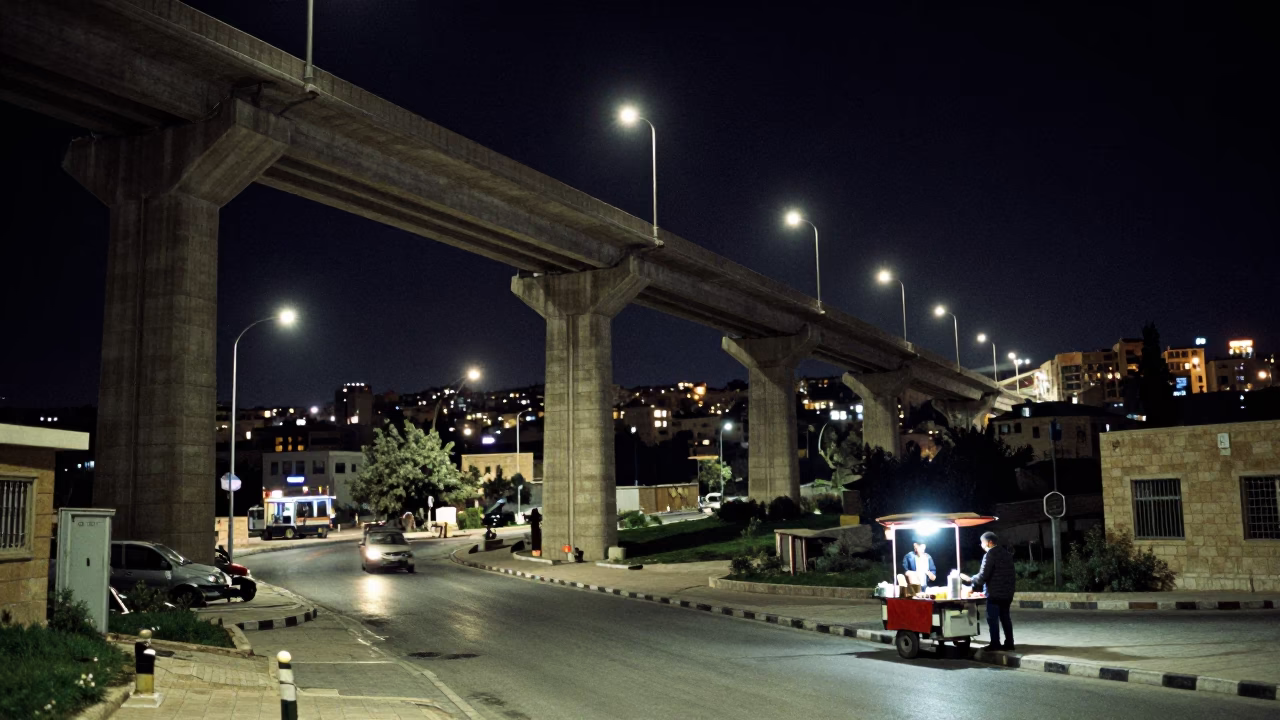 Nighttime Street Scene in Amman Jordan with Concrete Viaduct and Local Vendor in in Amman, Jordan