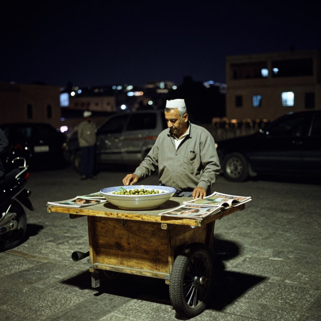 Nighttime Street Scene in Amman Jordan with Olive Dish and Magazine Rack in in Amman, Jordan