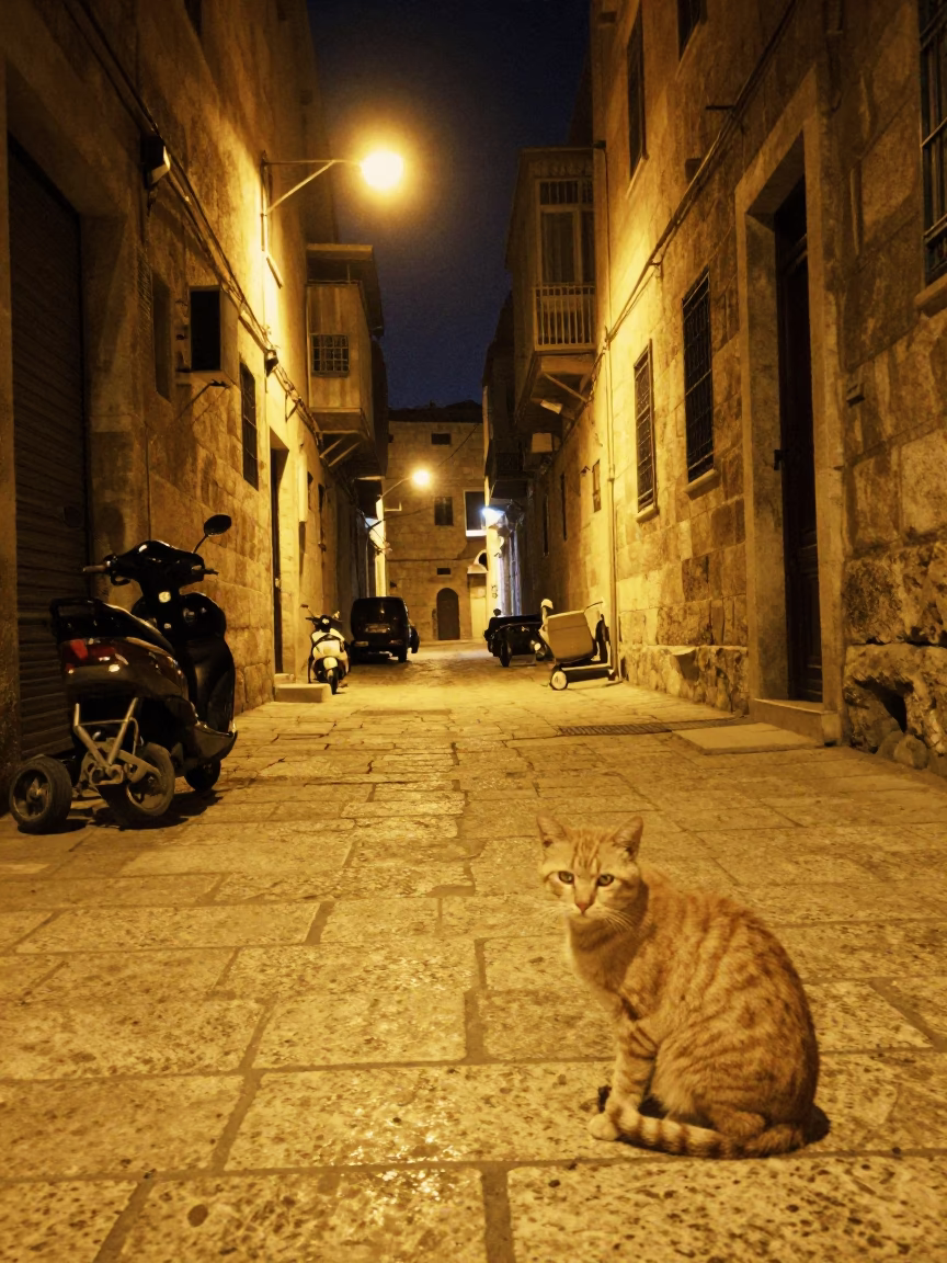 Nighttime Street Scene in Amman Jordan with Orange Cat and Casters in in Amman, Jordan