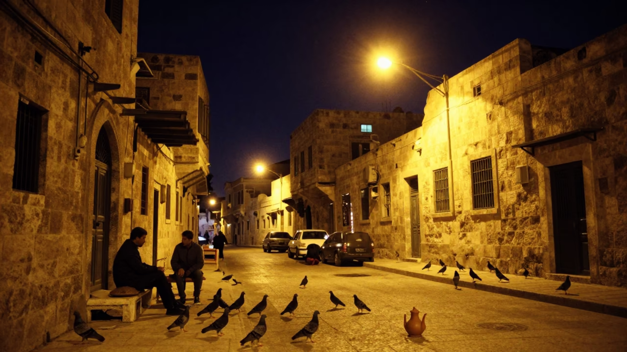 Nighttime Street Scene in Amman Jordan with Pigeons and Clay Teapot in in Amman, Jordan