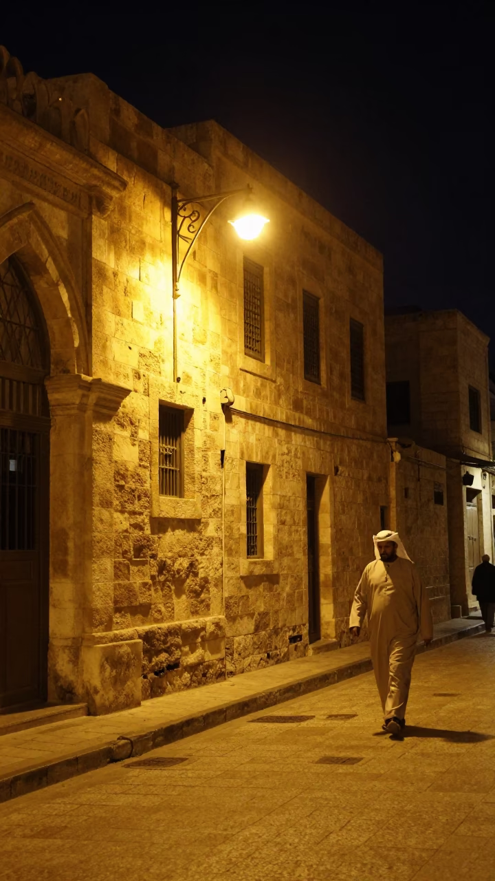 Nighttime Street Scene in Amman Jordan with Traditional Stone Architecture and Local Life in in Amman, Jordan