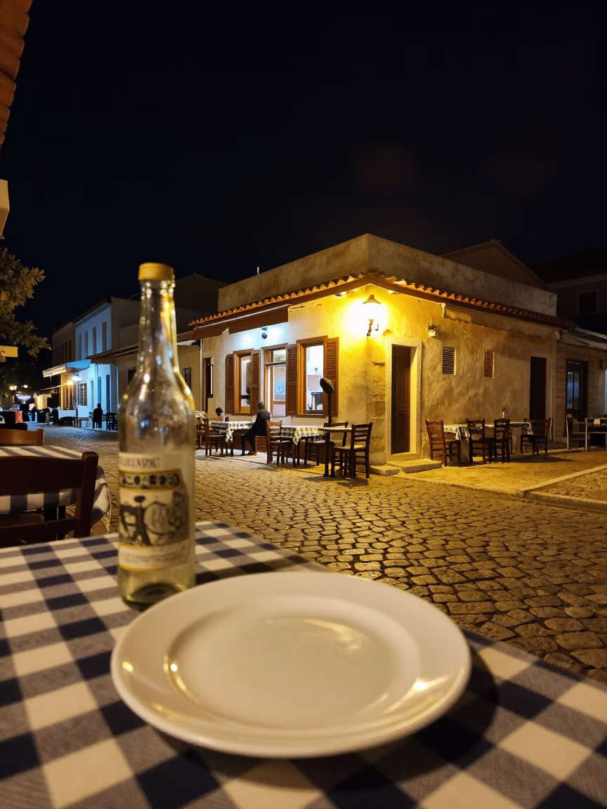 Nighttime Street Scene in Athens Greece with Ceramic Plate and Bottle Opener in in Athens, Greece