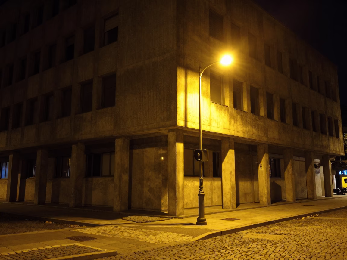 Nighttime street scene in Athens Greece with concrete brutalist building and vintage 1950s aesthetic in in Athens, Greece