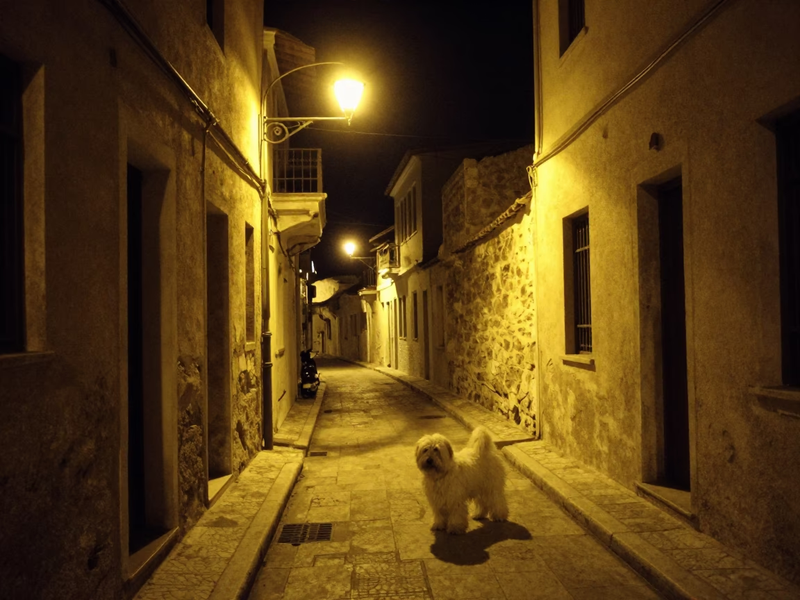 Nighttime Street Scene in Athens Greece with Old English Sheepdog and Coat Stand in in Athens, Greece