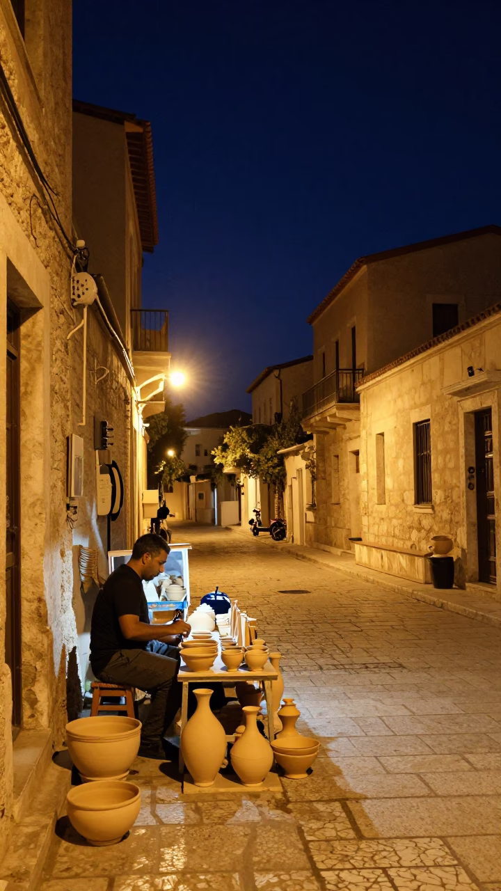 Nighttime Street Scene in Athens Greece with Pottery Market Wares and Local Life in in Athens, Greece