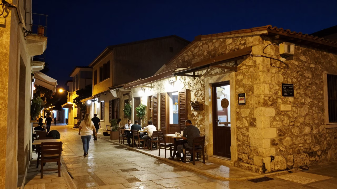 Nighttime Street Scene in Athens Greece with Stone Facades and Ambient Lighting in in Athens, Greece