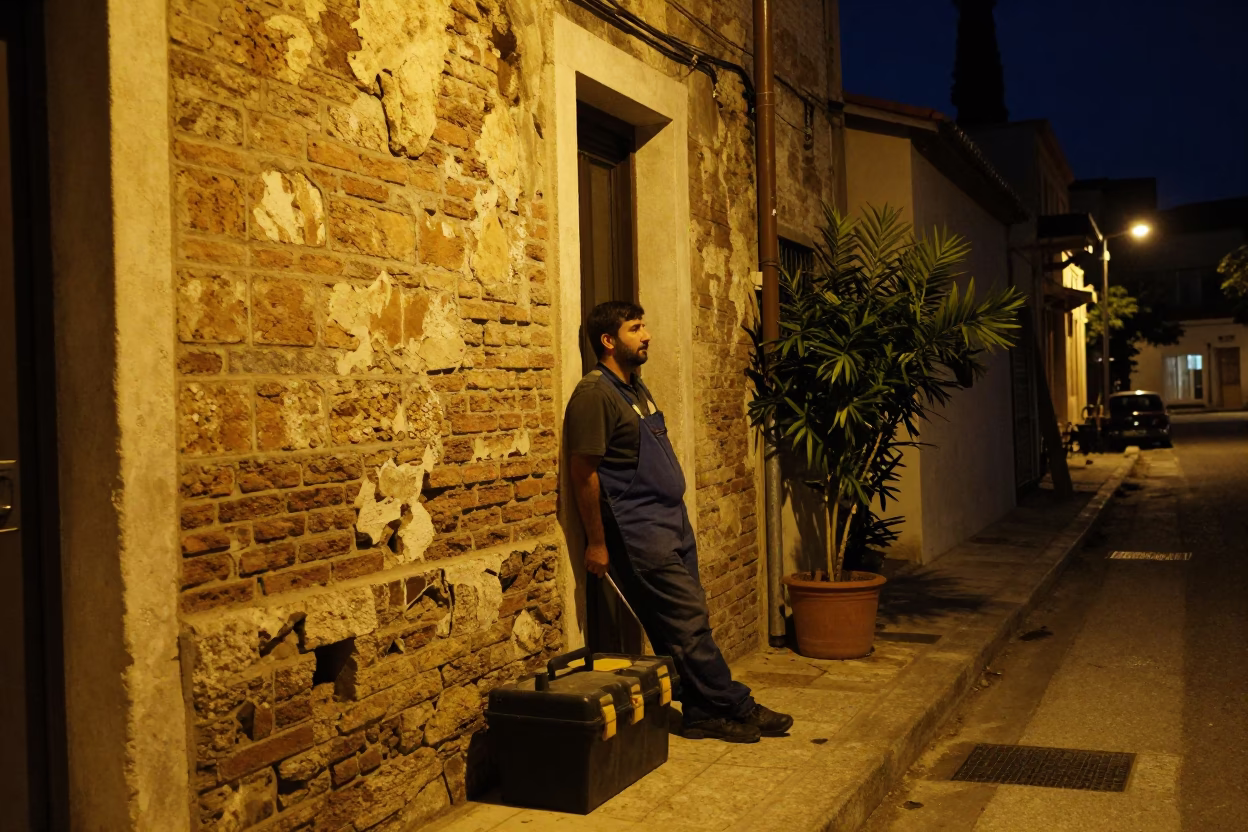 Nighttime Street Scene in Athens Greece with Toolbox and Houseplant in in Athens, Greece
