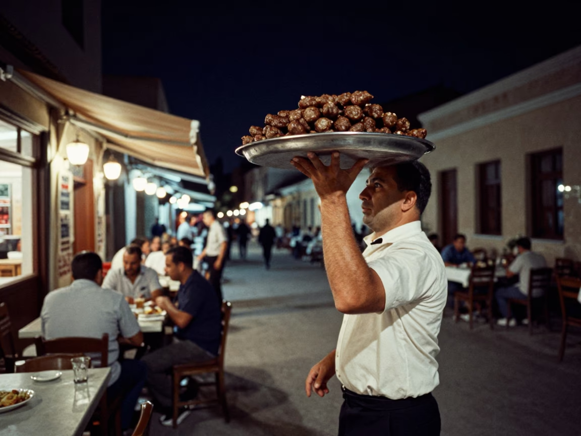 Nighttime Street Scene in Athens Greece with Tray of Kofte and Grilled Peppers in in Athens, Greece