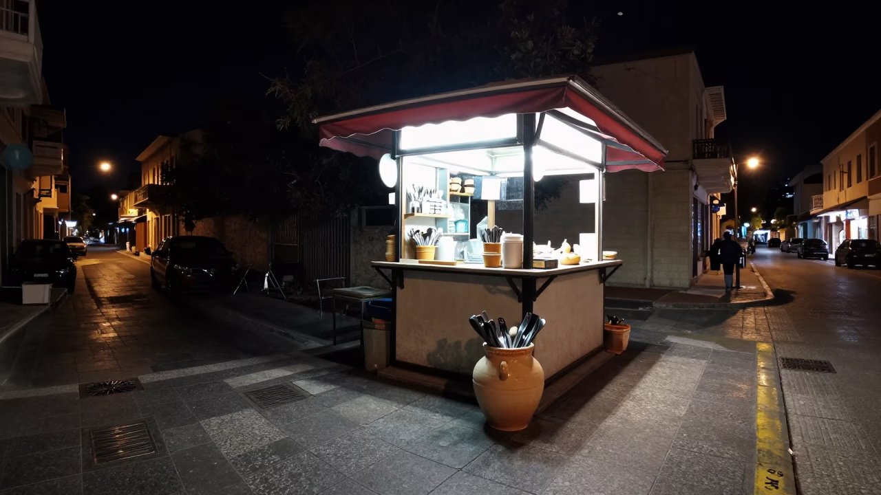 Nighttime Street Scene in Athens Greece with Utensil Crocks in in Athens, Greece