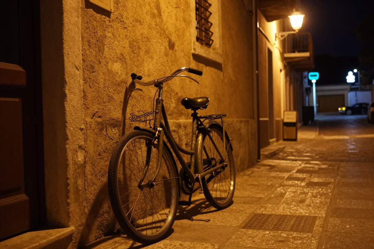 Nighttime Street Scene in Athens Greece with Vintage Bicycle and Neon Sign in in Athens, Greece