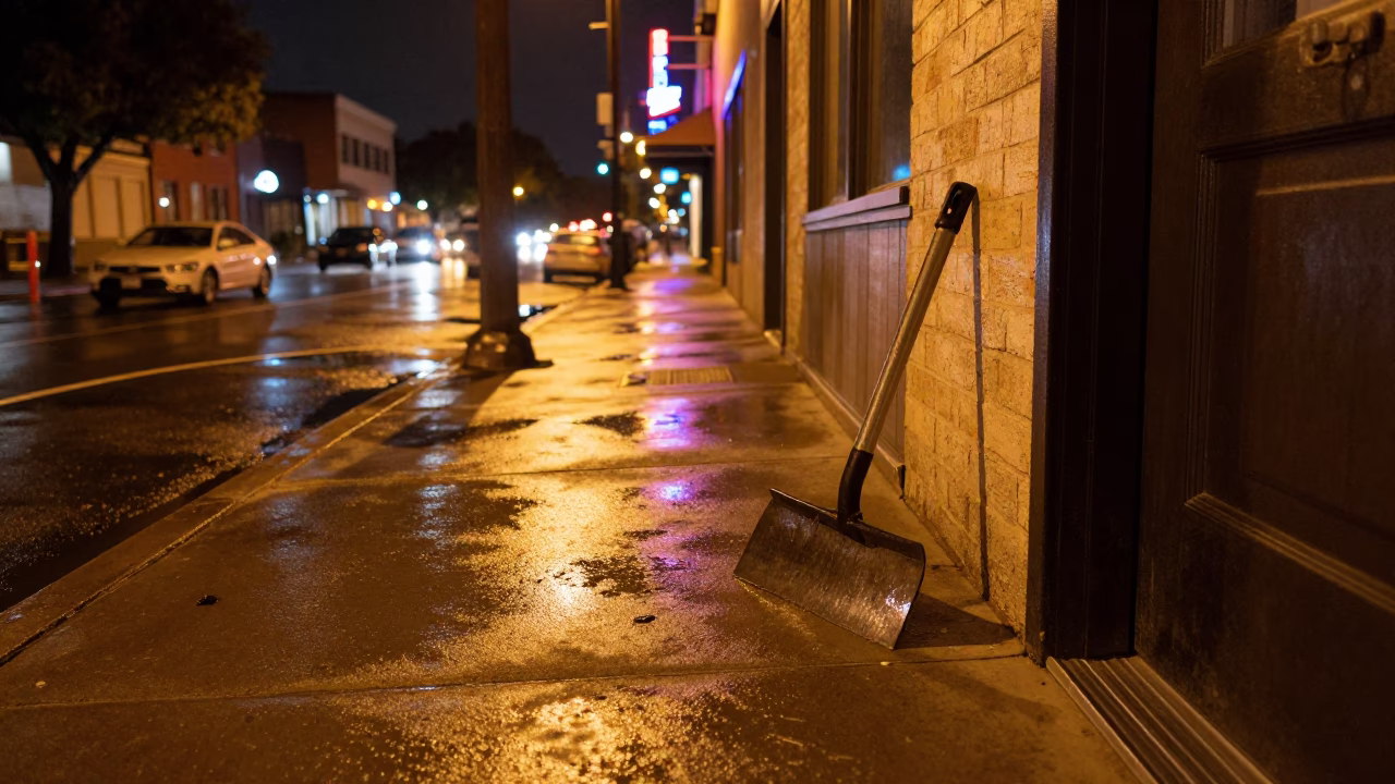 Nighttime Street Scene in Austin Texas with Boot Scraper and Wet Pavement Reflections in in Austin, Texas, United States