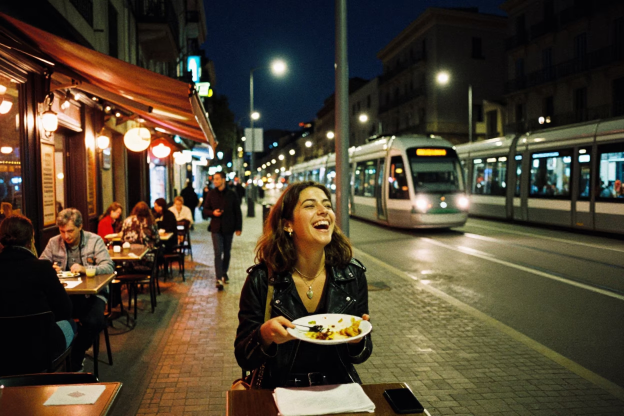 Nighttime Street Scene in Barcelona Spain with Monorail and Local Dining in in Barcelona, Spain